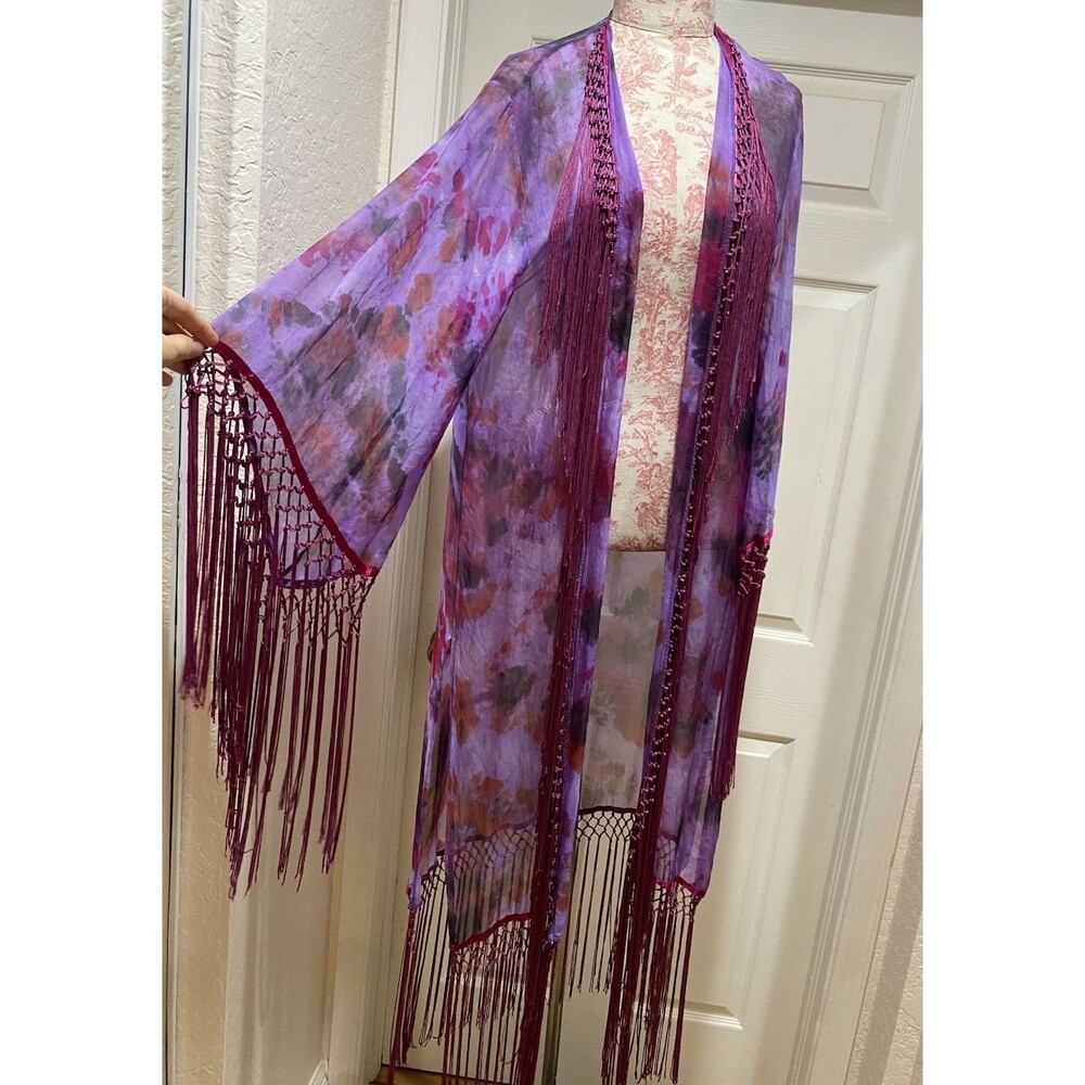 UNIF 100% Silk Kimono Duster Tie Dye Sz S Purple Fringe Tassel Festival Grunge